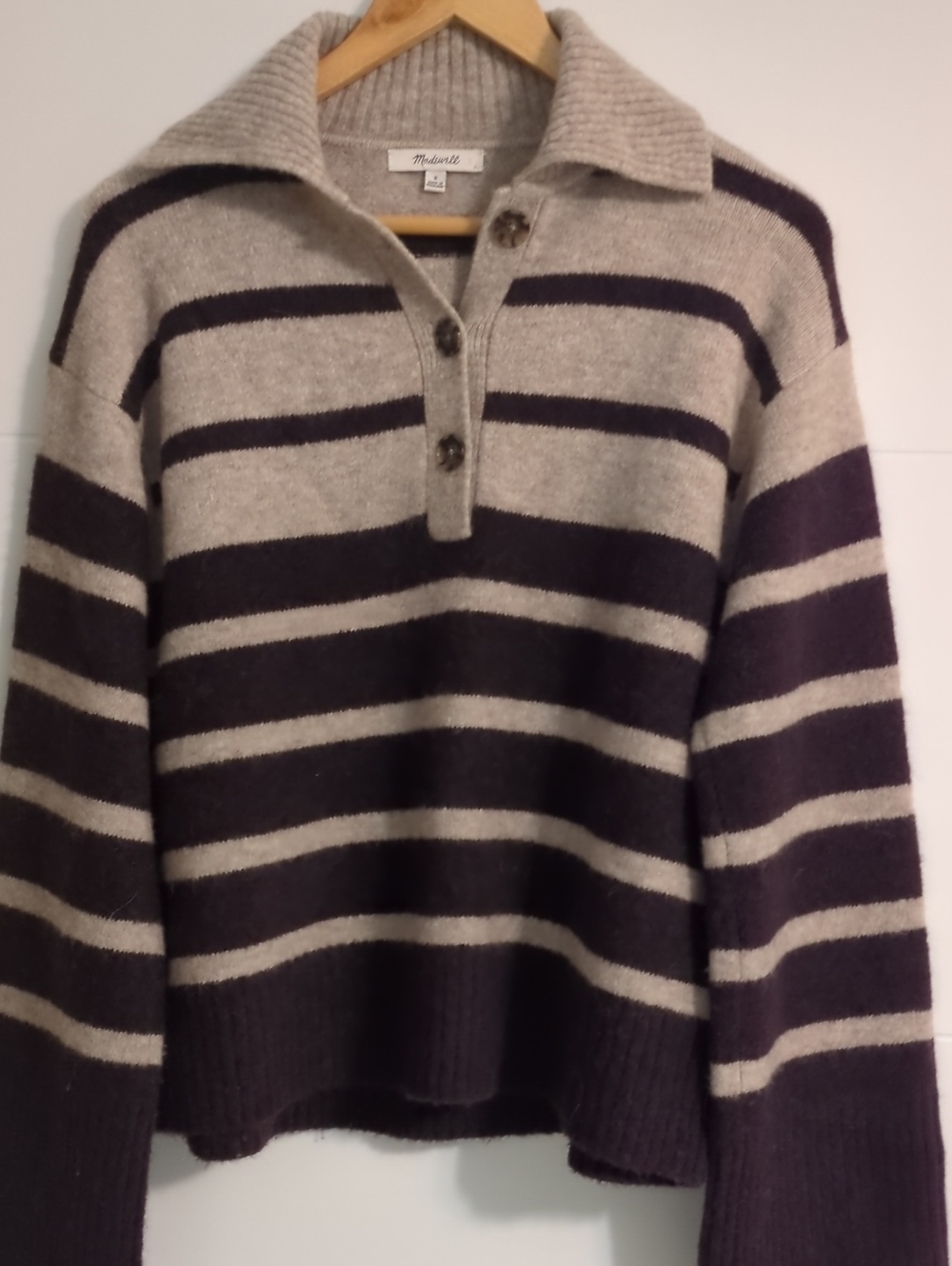 Madewell Cloudsoft Striped Knit Pullover Sweater Wool Mix Beige Dark Brown Sz S - Picture 4 of 8